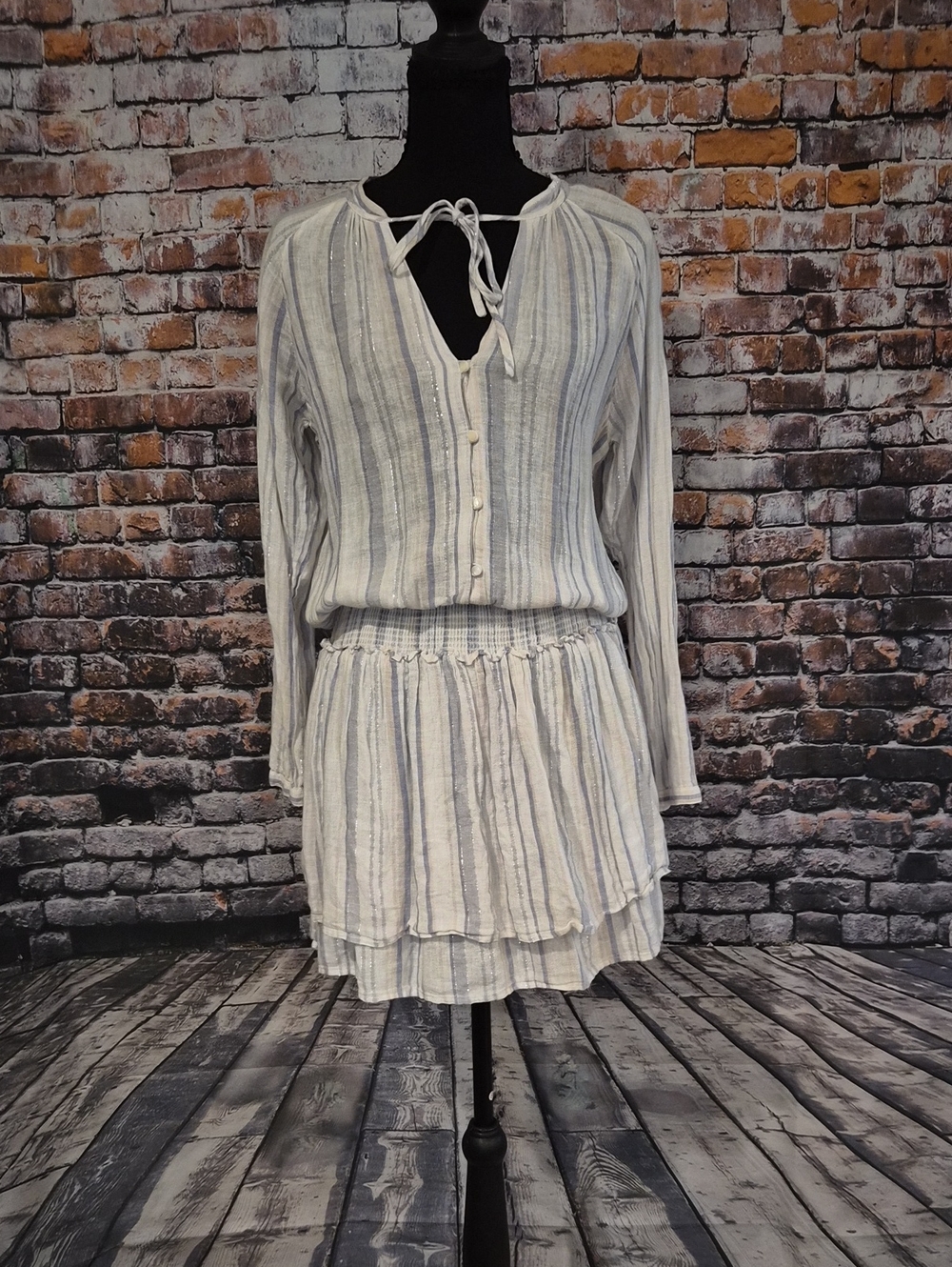 Rails Linen Striped Blue & White Tie-Neck Mini Dress